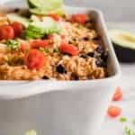 Chicken Enchilada Rice Casserole in a baking dish.
