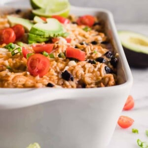 Chicken Enchilada Rice Casserole in a baking dish.