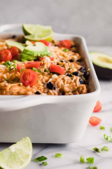 Chicken Enchilada Rice Casserole in a baking dish.