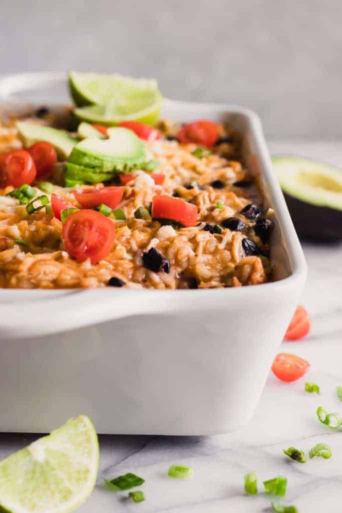 Chicken Enchilada Rice Casserole in a baking dish. 