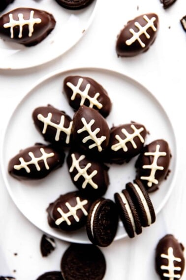 Plate of Oreo Balls shaped like footballs.