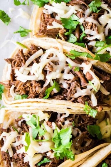 Sweet Barbacoa loaded into soft white corn tortillas and topped with melted cheese.