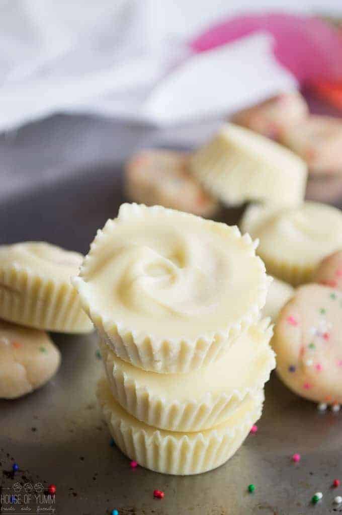 Possibly the BEST dessert I've made!  White chocolate cups filled with edible cake batter. 