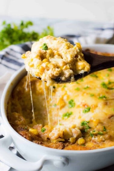 Cheesy Corn Casserole. This EASY classic casserole dish is a must make for Thanksgiving or any holiday. Loaded with cheese, buttery crackers and corn this will quickly become a family favorite!