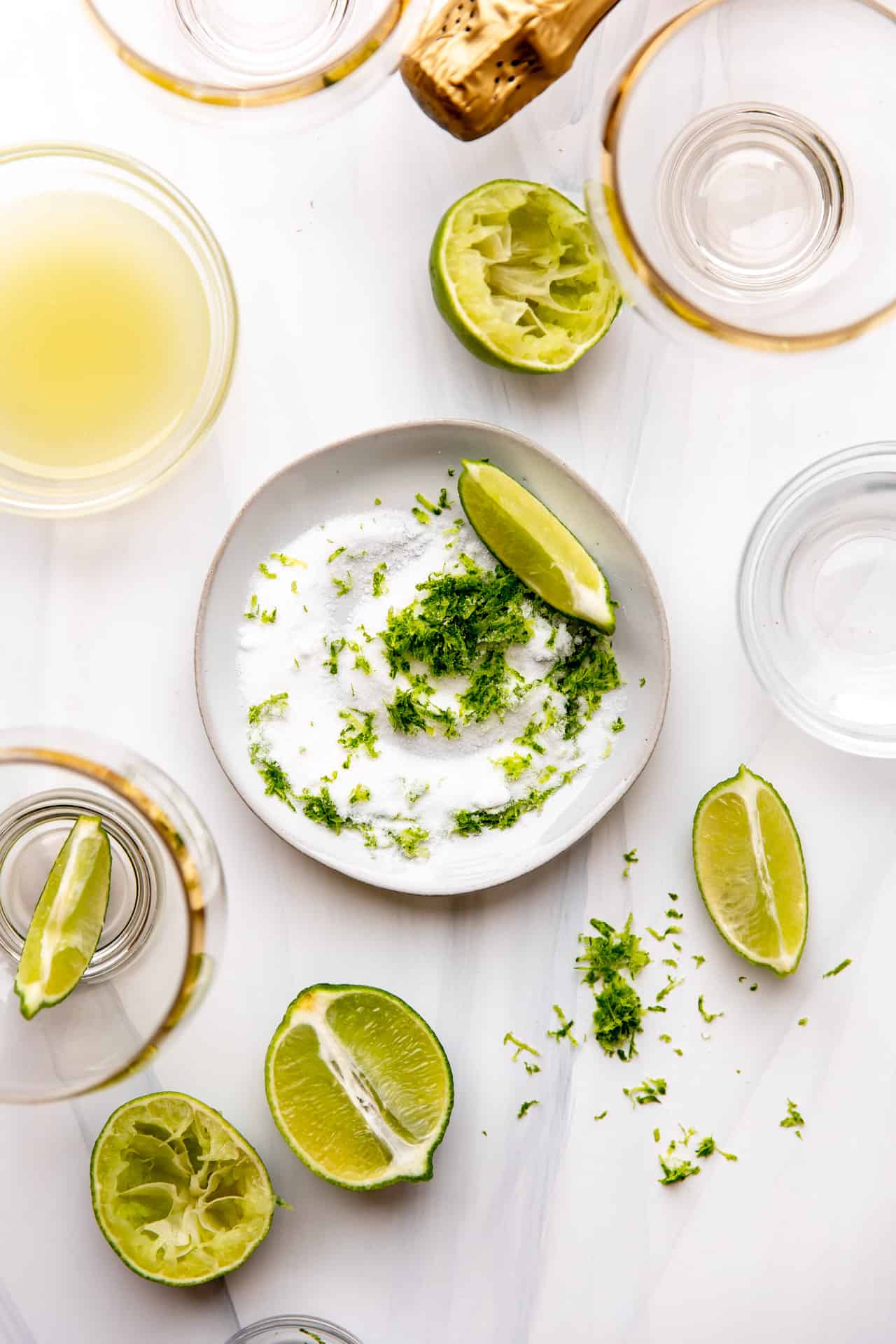 Lime zest sugar in a small dish for using on the rim of the glasses for margaritas.