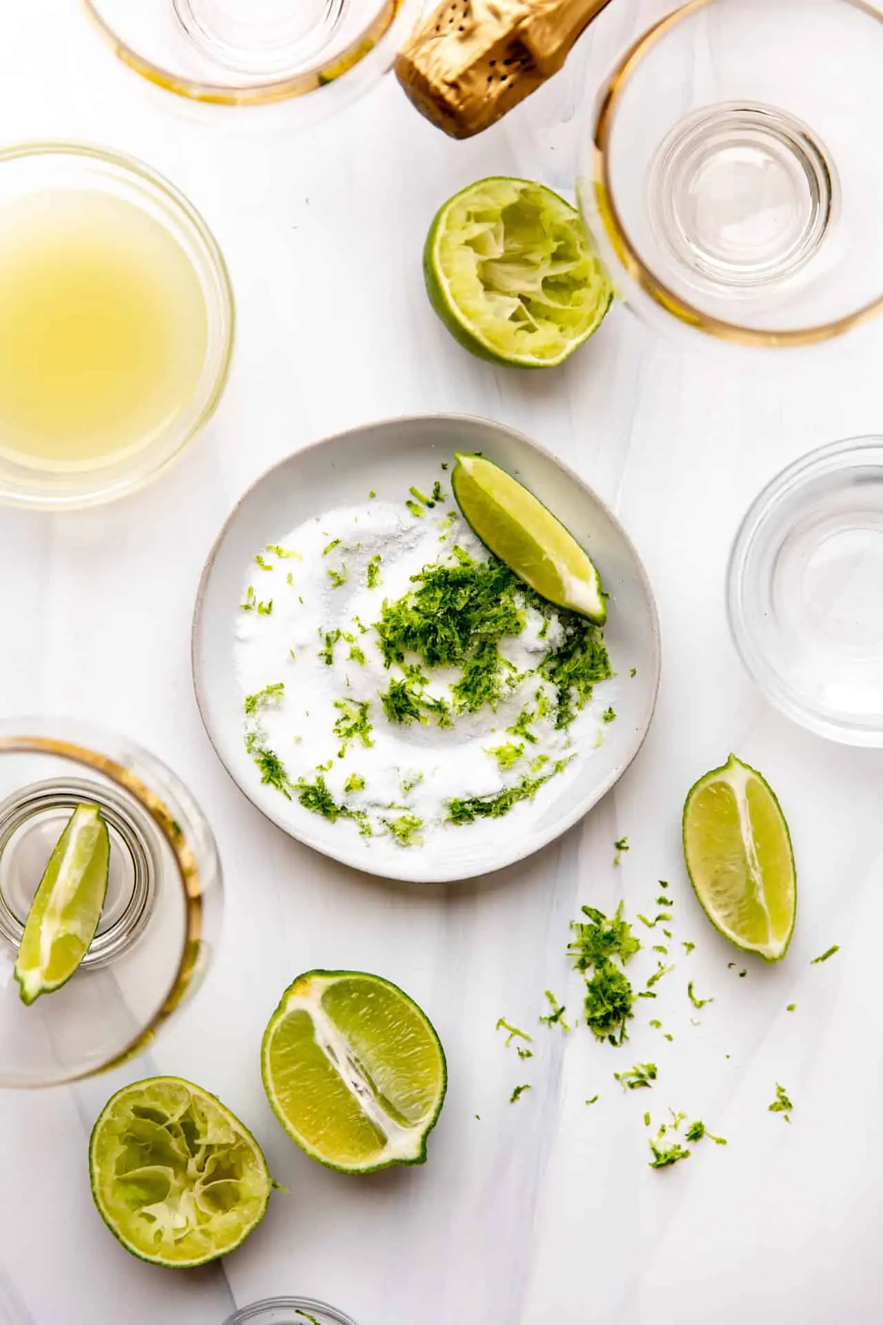 Lime zest sugar in a small dish for using on the rim of the glasses for margaritas.