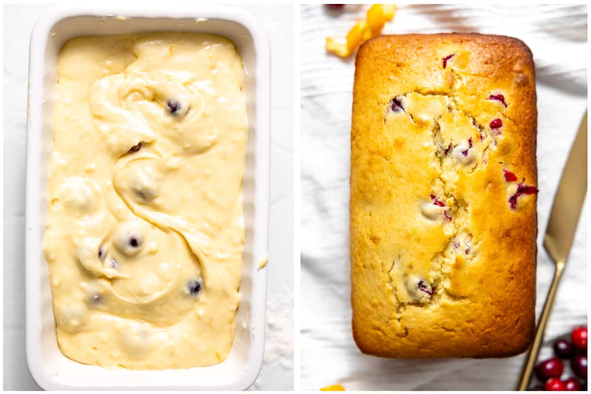 Loaf pan with cranberry orange bread batter and baked loaf. 