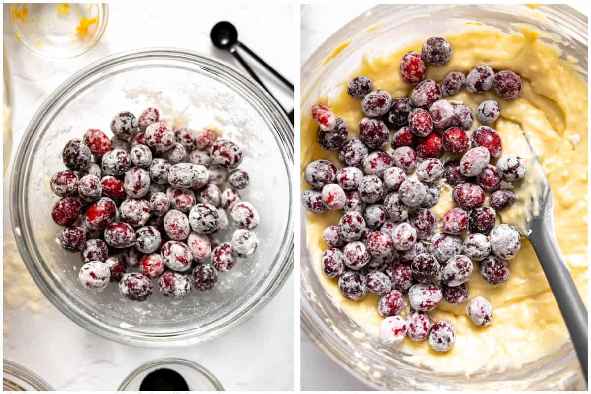 Cranberries coated in flour then added to batter. 