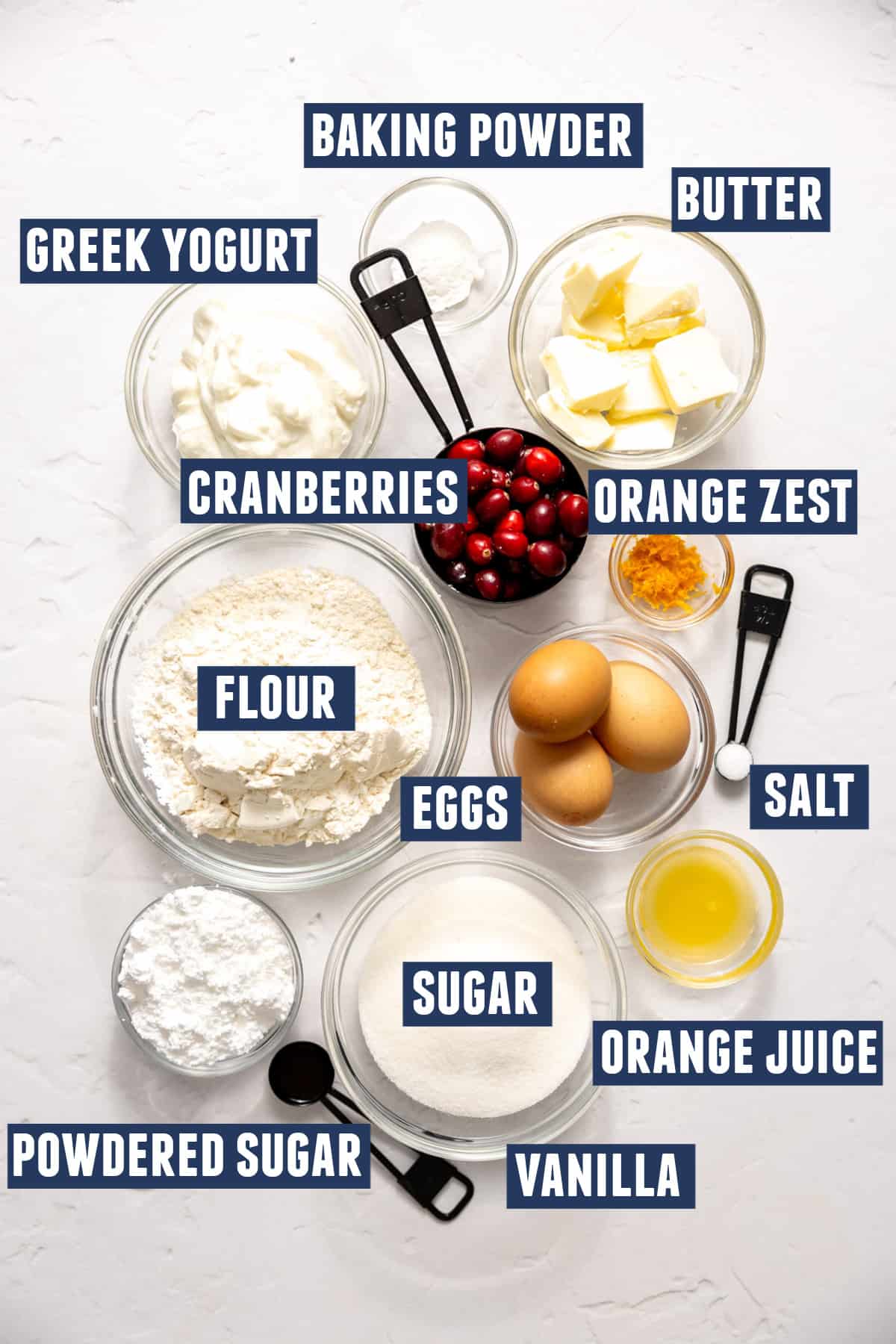 Ingredients for cranberry orange bread. 