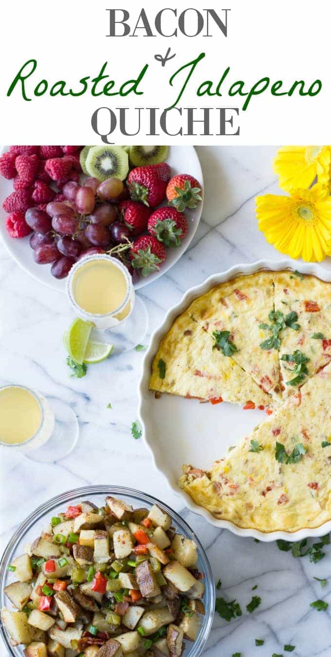 Make an EASY and delicious bacon & roasted jalapeño quiche for breakfast or brunch. Bursting with flavor and a little heat.
