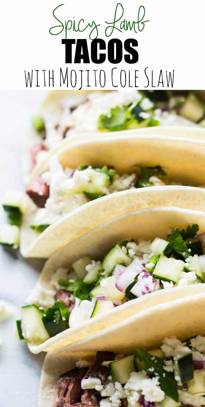 Spicy Habanero Grilled Lamb liven up these tacos, that are a perfect blend of Mexican and Mediterranean flavors! Cool and creamy mojito cole slaw, cucumber salsa, and queso fresco complete the dish! Perfect recipe for grilling season!
