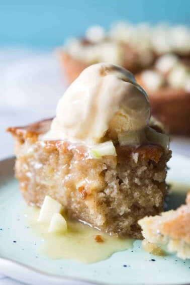Caramel Apple Skillet cake is bursting with chunks of apple, drizzled with a homemade caramel glaze, and is perfect for Fall baking!