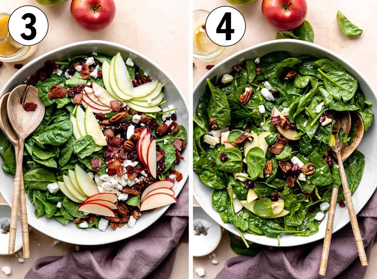 Step by step how to make an apple salad showing a large white bowl with the ingredients layered and then the salad dressed and tossed.