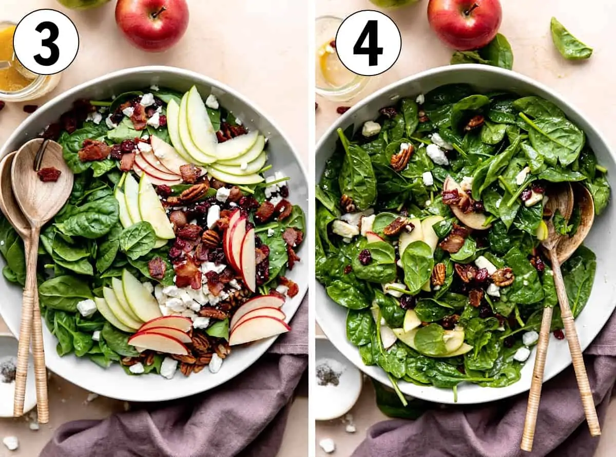 Step by step how to make an apple salad showing a large white bowl with the ingredients layered and then the salad dressed and tossed.
