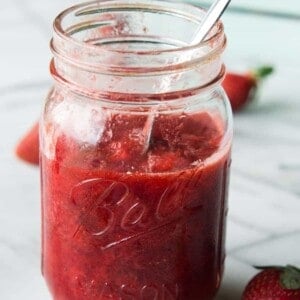 Homemade Strawberry Sauce. This easy to make sauce is perfect for pouring onto pancakes, waffles, ice cream, or pretty much any dessert you can think of! You can also use it in place of jam on your morning toast! Only 4 ingredients and a few minutes of your time needed!