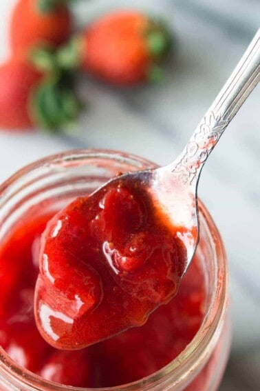 Homemade Strawberry Sauce. This easy to make sauce is perfect for pouring onto pancakes, waffles, ice cream, or pretty much any dessert you can think of! You can also use it in place of jam on your morning toast! Only 4 ingredients and a few minutes of your time needed!
