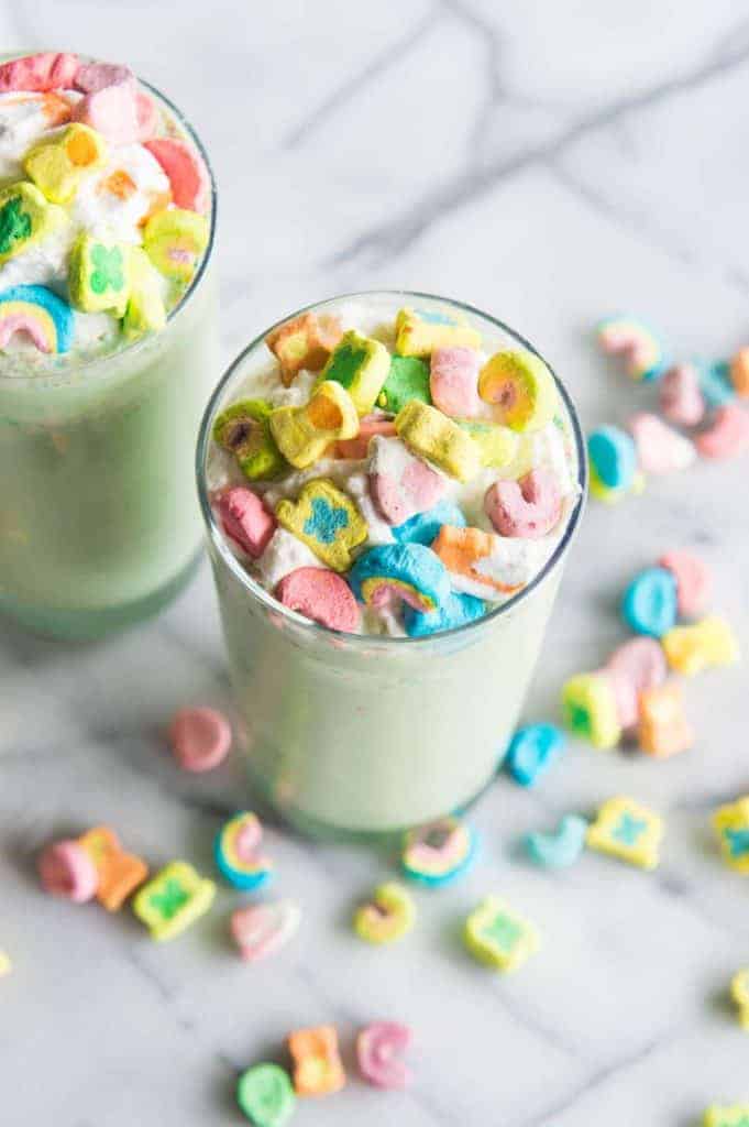 Lucky Charms Milkshake. This milkshake is made with Lucky Charms cereal milk, creamy vanilla ice cream, and colorful Lucky Charms marshmallows! Top it all with homemade whipped cream and even more marshmallows for a fun treat perfect for celebrating St. Patrick's Day, or any day! 
