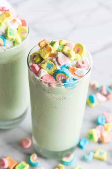 Lucky Charms Milkshake. This milkshake is made with Lucky Charms cereal milk, creamy vanilla ice cream, and colorful Lucky Charms marshmallows! Top it all with homemade whipped cream and even more marshmallows for a fun treat perfect for celebrating St. Patrick's Day, or any day!