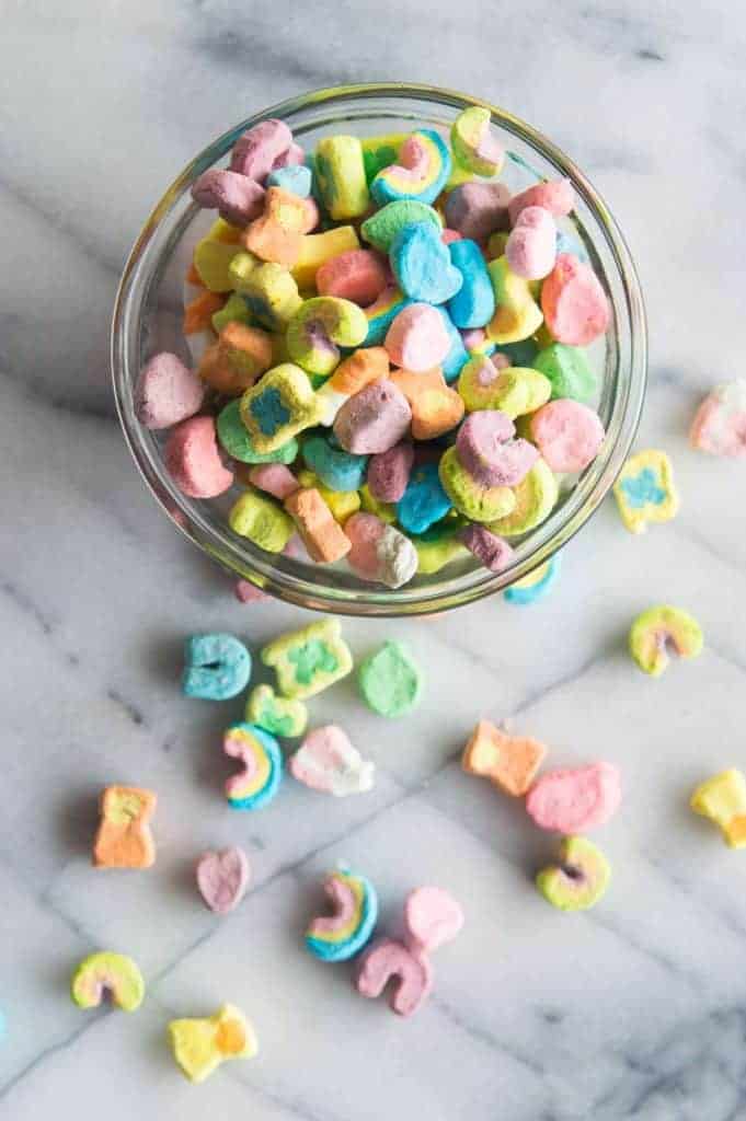 Lucky Charms Milkshake. This milkshake is made with Lucky Charms cereal milk, creamy vanilla ice cream, and colorful Lucky Charms marshmallows! Top it all with homemade whipped cream and even more marshmallows for a fun treat perfect for celebrating St. Patrick's Day, or any day! 