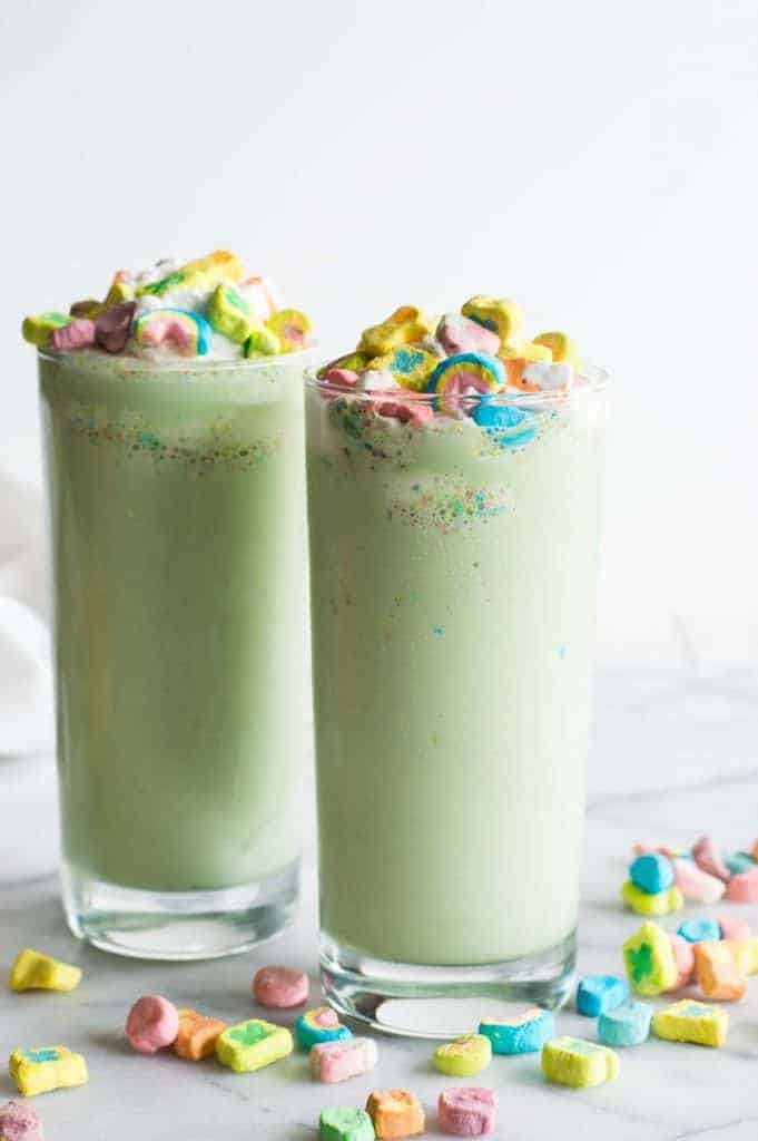 Lucky Charms Milkshake. This milkshake is made with Lucky Charms cereal milk, creamy vanilla ice cream, and colorful Lucky Charms marshmallows! Top it all with homemade whipped cream and even more marshmallows for a fun treat perfect for celebrating St. Patrick's Day, or any day! 