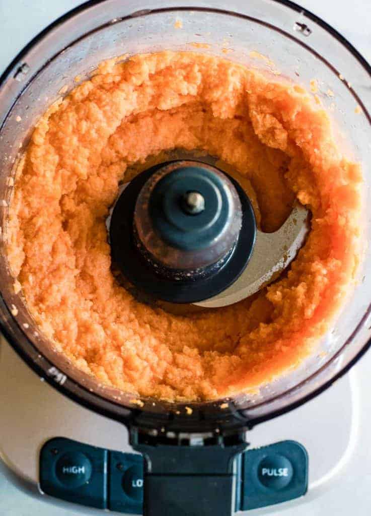 Blended homemade sweet potato puree. 