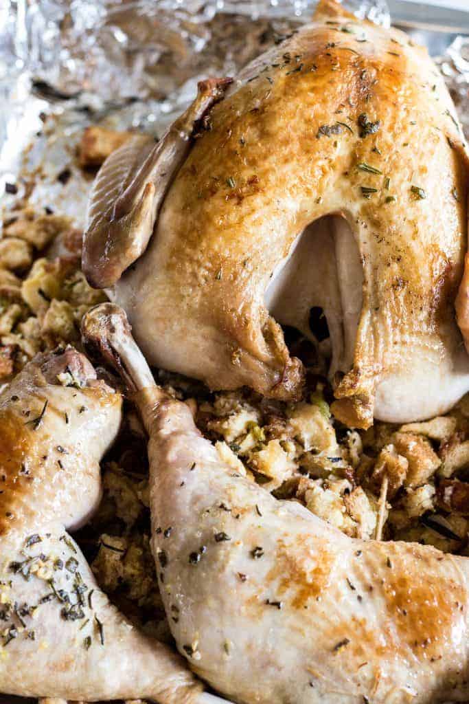 Tender and juicy turkey perfect for Thanksgiving day. Plus instructions on how to make turkey stock, gravy and stuffing too! 