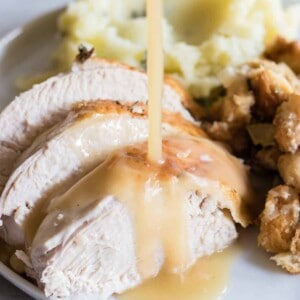 Tender and juicy turkey perfect for Thanksgiving day. Plus instructions on how to make turkey stock, gravy and stuffing too! 