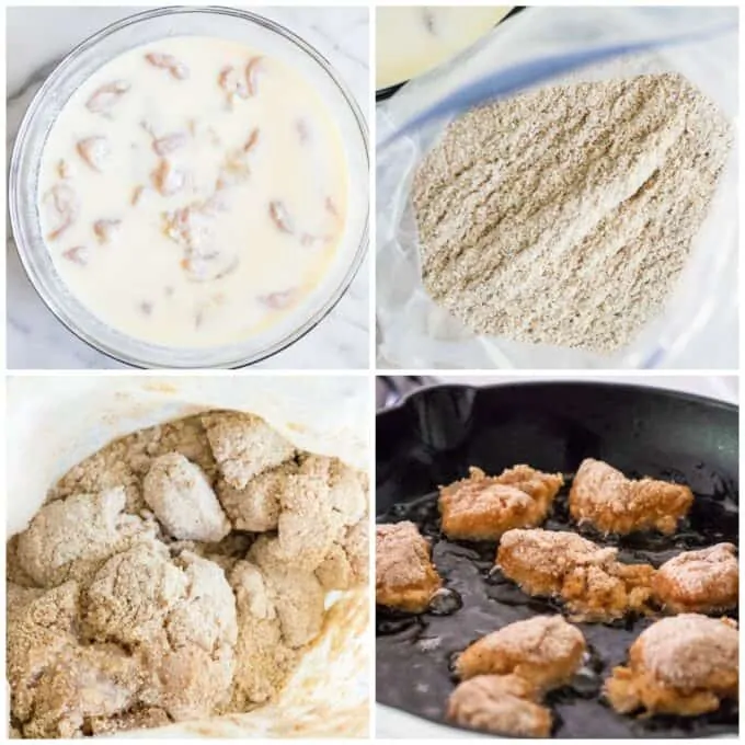 step by step how to make chick fil a chicken nuggets. Showing: soaking the chicken, making the breading mixture, coating the chicken, and frying in oil. 