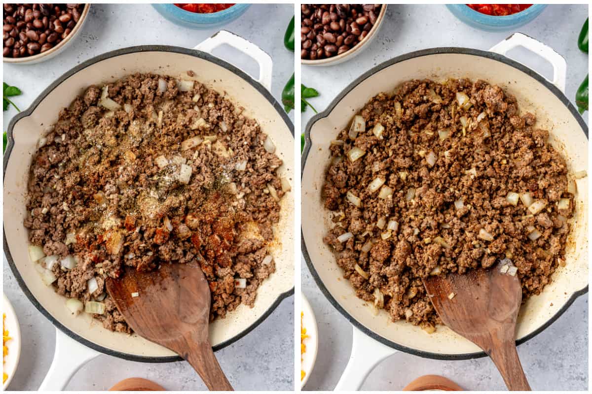 Cooked ground beef in a skillet with taco seasoning added. 