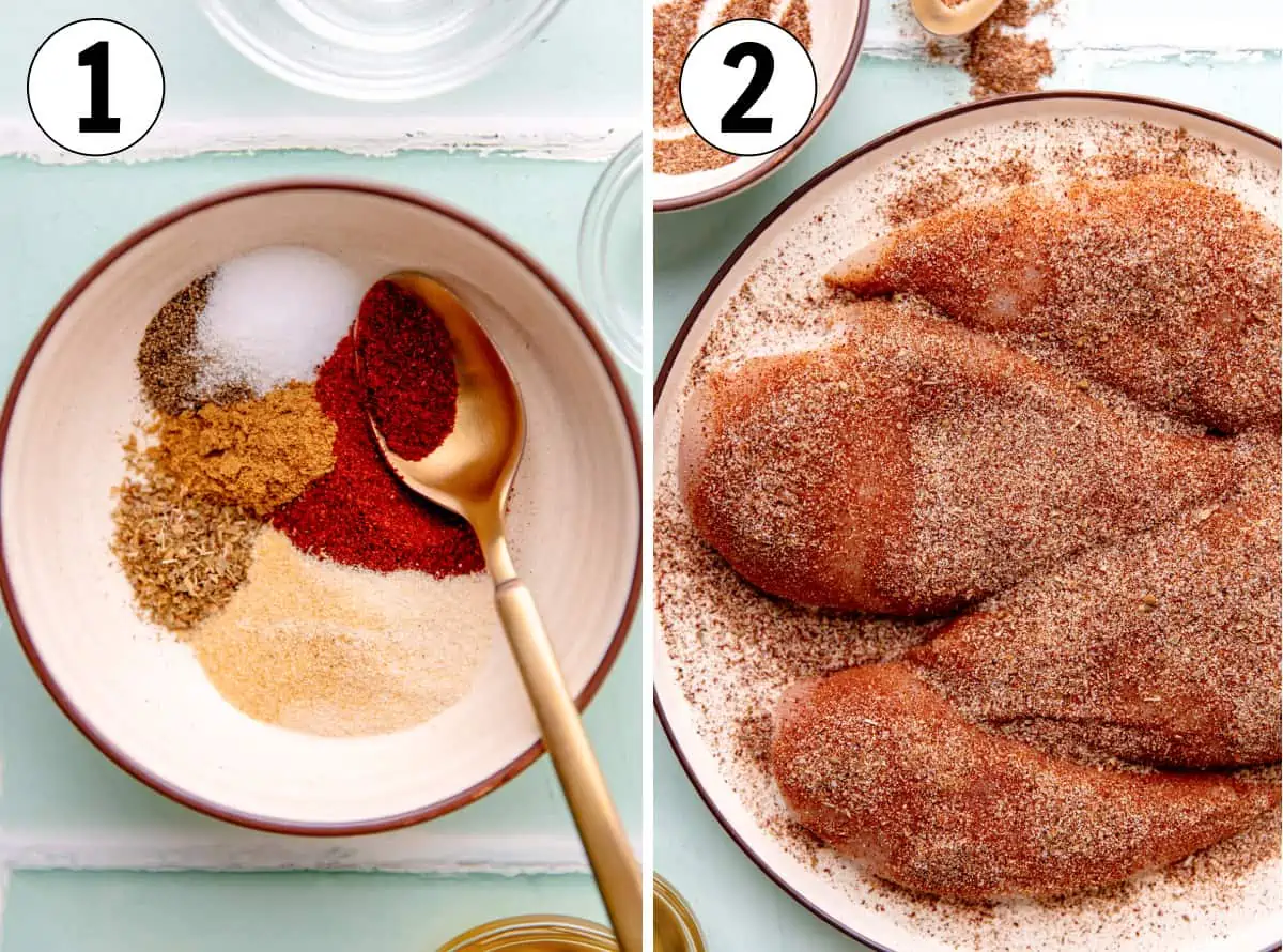 How to make shredded chicken, showing combining the chicken taco seasoning, then coating the chicken.