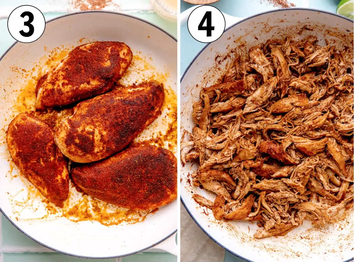 Seasoned chicken added to a skillet, then being poached with broth and shredded.