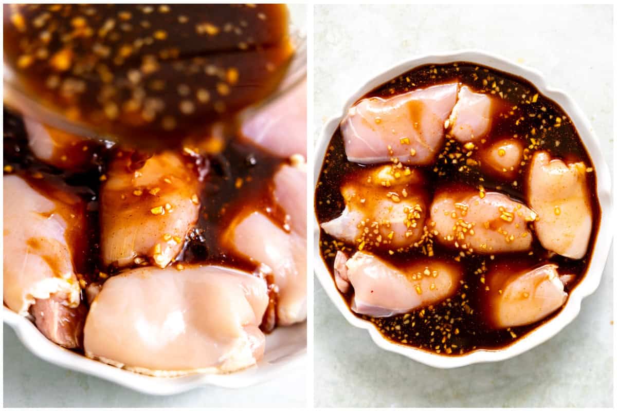 Pouring marinade over chicken and chicken soaking in the marinade. 
