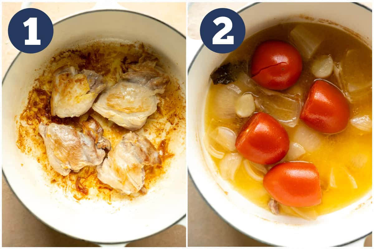 Picture collage chicken thighs searing in a dutch oven, then tomatoes, garlic, onion being simmered in the same pot. 