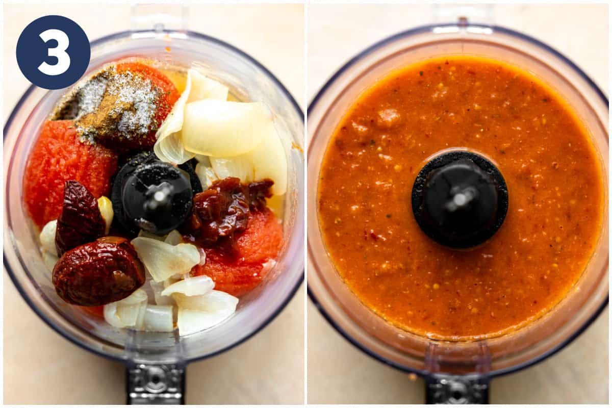 Cooked tomatoes, onion, garlic, and chipotle peppers in a food processor before and after blending. 
