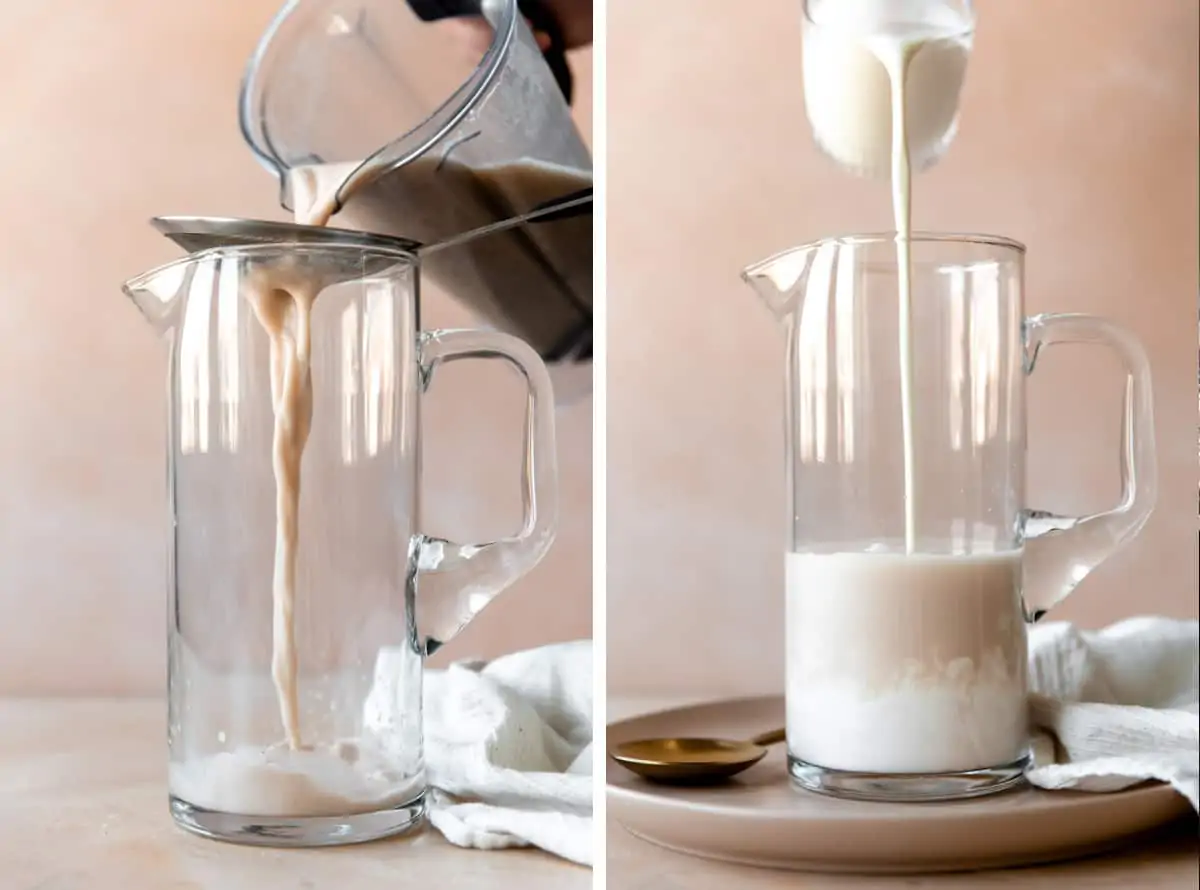 Pouring rice milk through a strainer into a glass container, then adding milk to the rice milk.