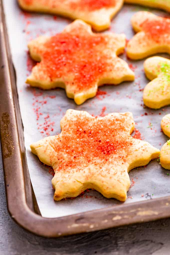Sugar cookies sprinkled with sanding sugar.
