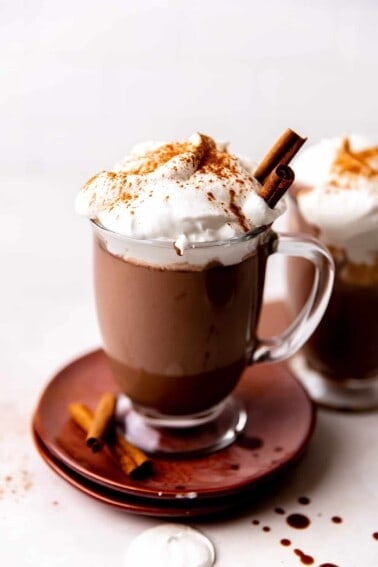 Glass mug of homemade mexican hot chocolate topped with whipped cream and garnished with cinnamon sticks.