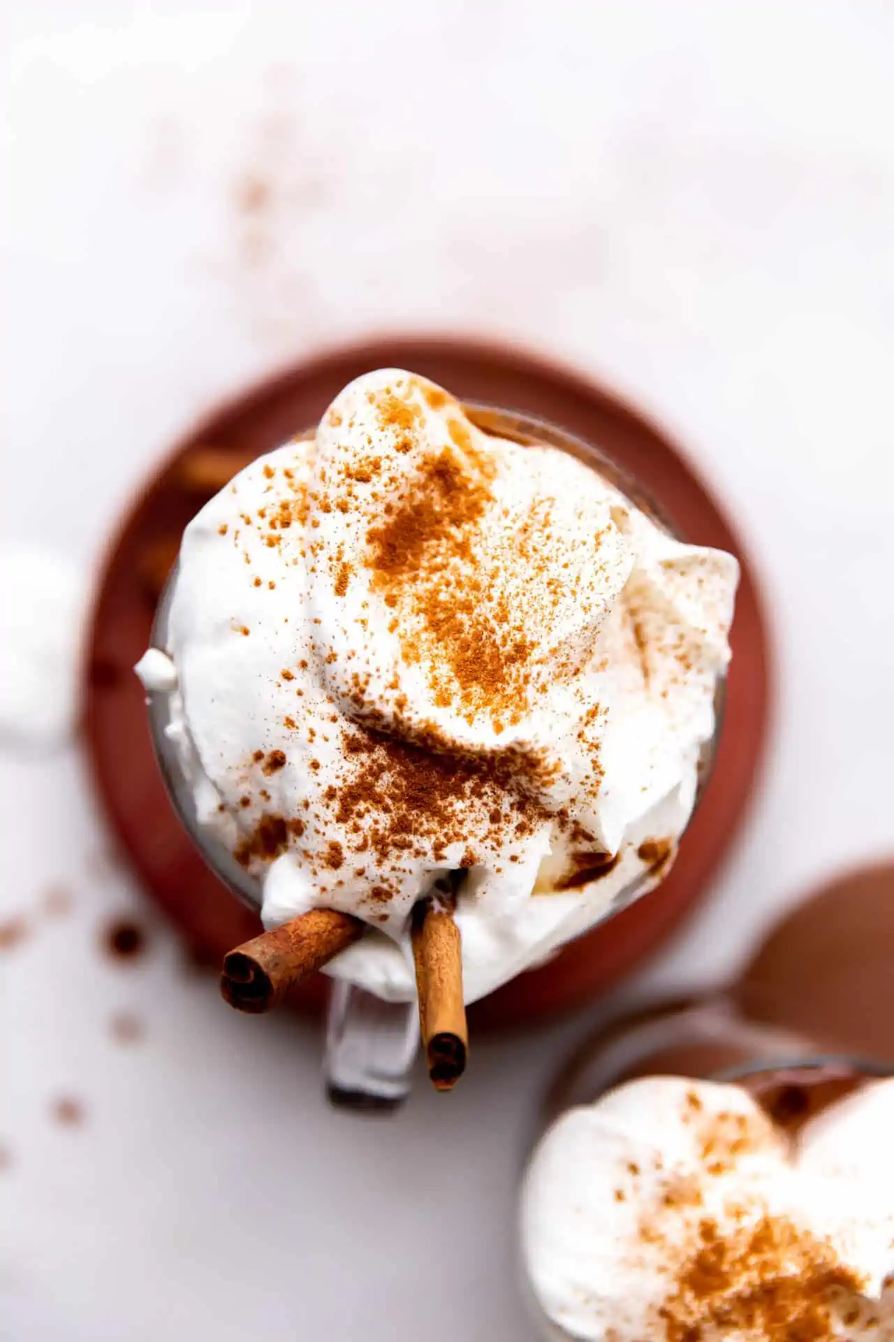 Overhead shot of homemade mexican hot chocolate topped with swirls of whipped cream and sprinkles of cinnamon.