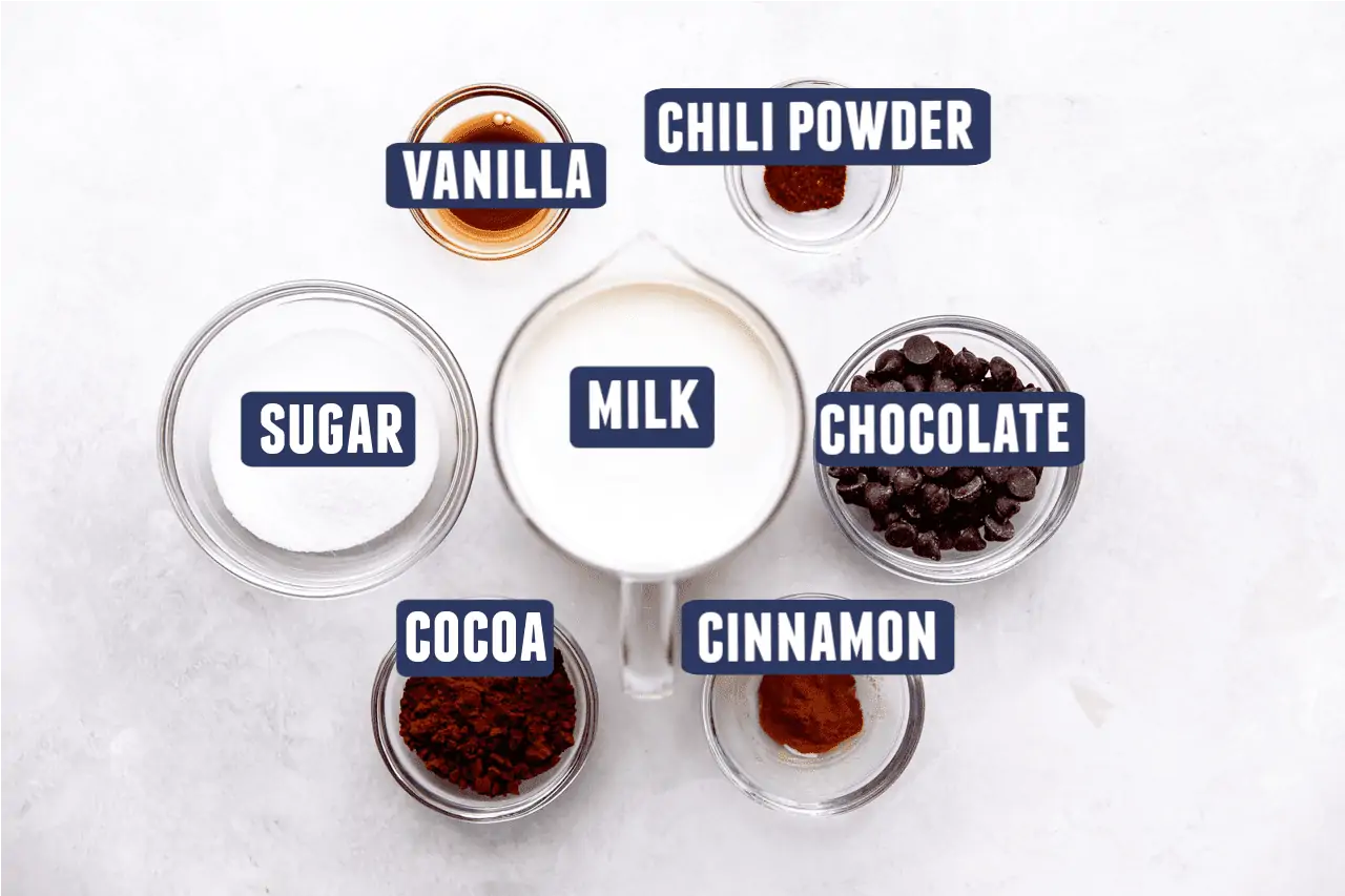 Ingredients needed to make homemade Mexican Hot Chocolate laid on the counter.