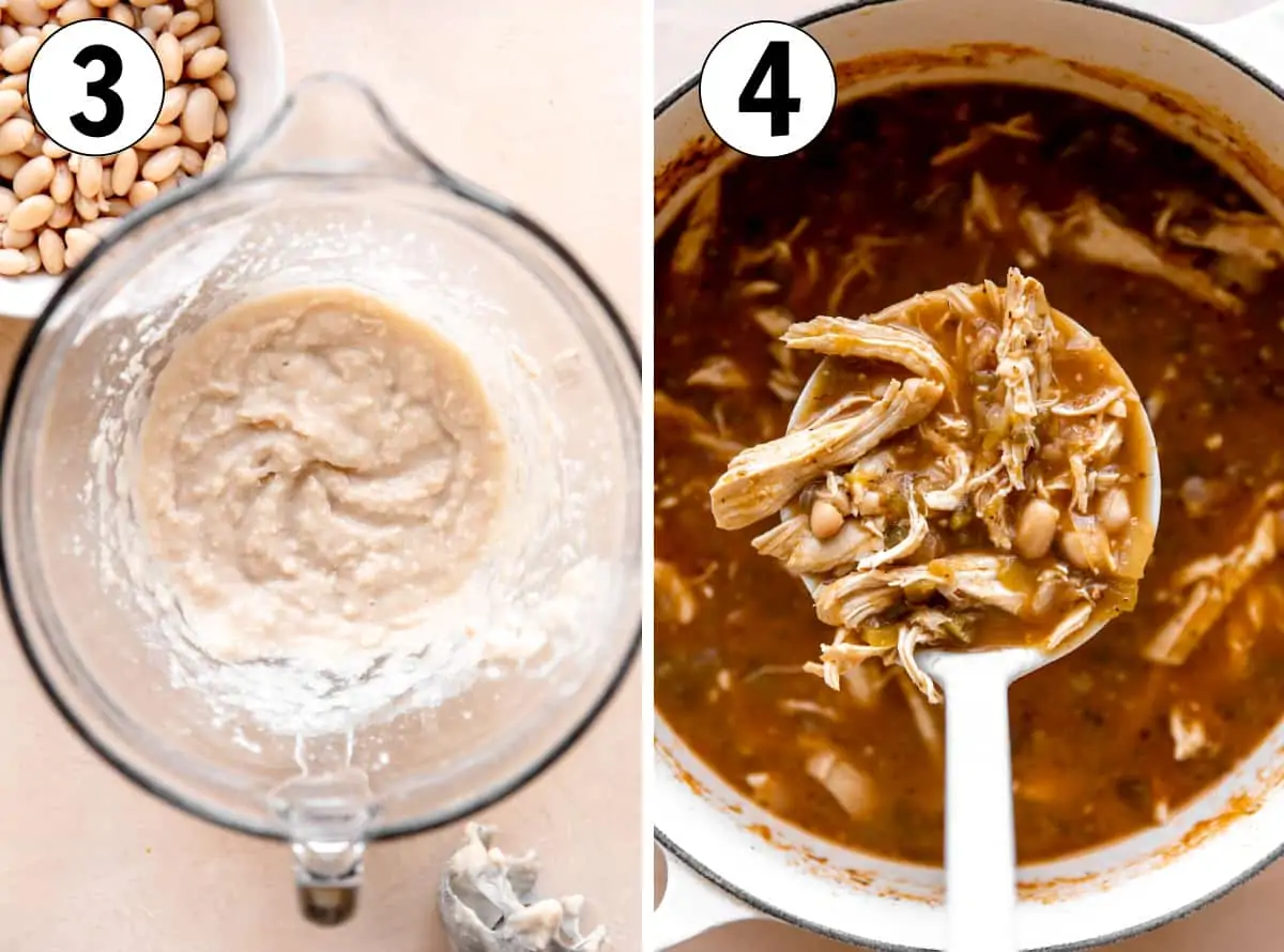 How to make chicken chili, showing blending white beans to thicken, then a dutch oven filled with all ingredients combined and being spooned up with a ladle. 