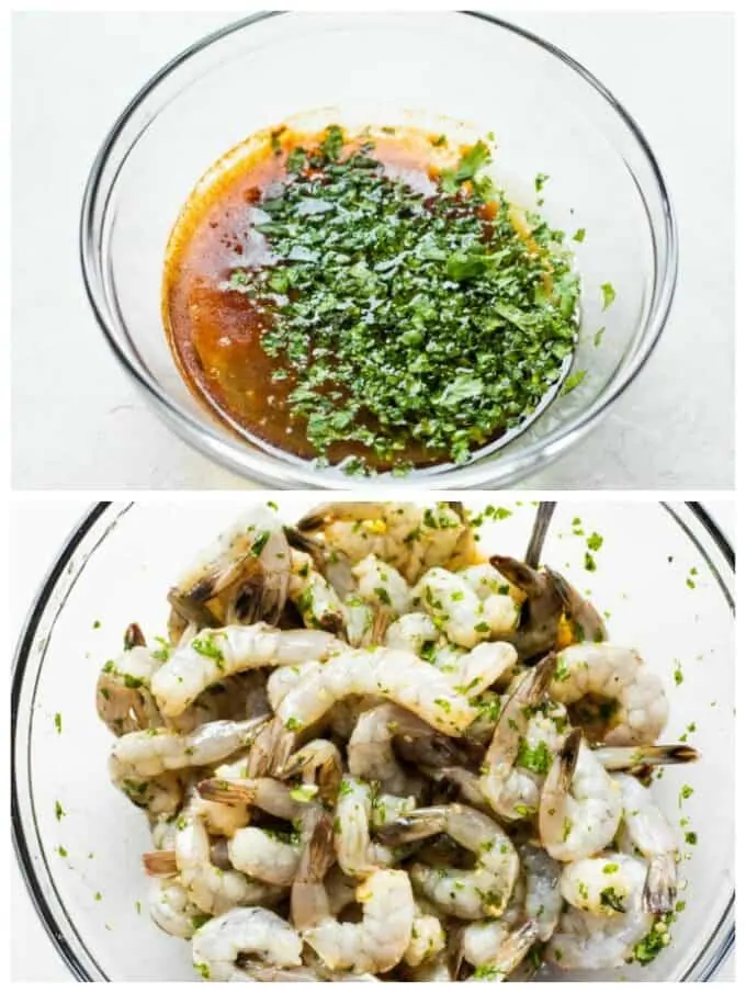 Bowl filled with marinade for shrimp, then an image of raw shrimp coated in the marinade.