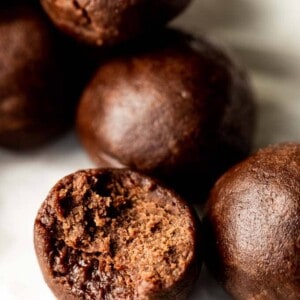 Up close of the texture of the inside of the no bake brownie bite.