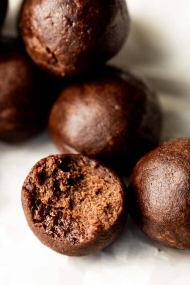 Up close of the texture of the inside of the no bake brownie bite.