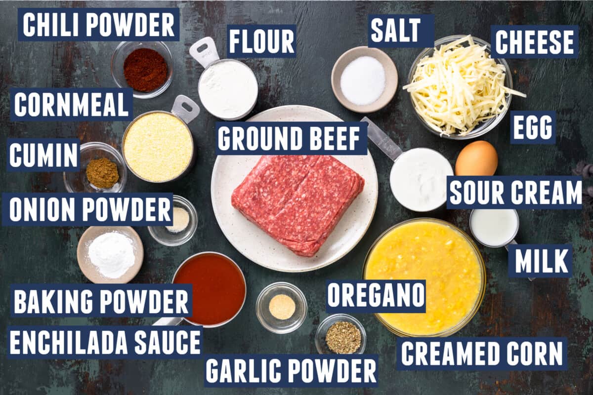 Ingredients needed to make a tamale pie laid out on the counter. 