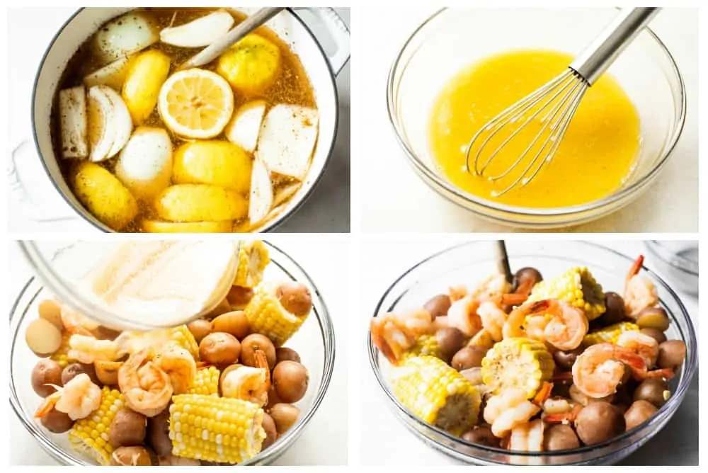 How to make shrimp boil showing broth being made and garlic butter being poured over the boiled veggies and shrimp.