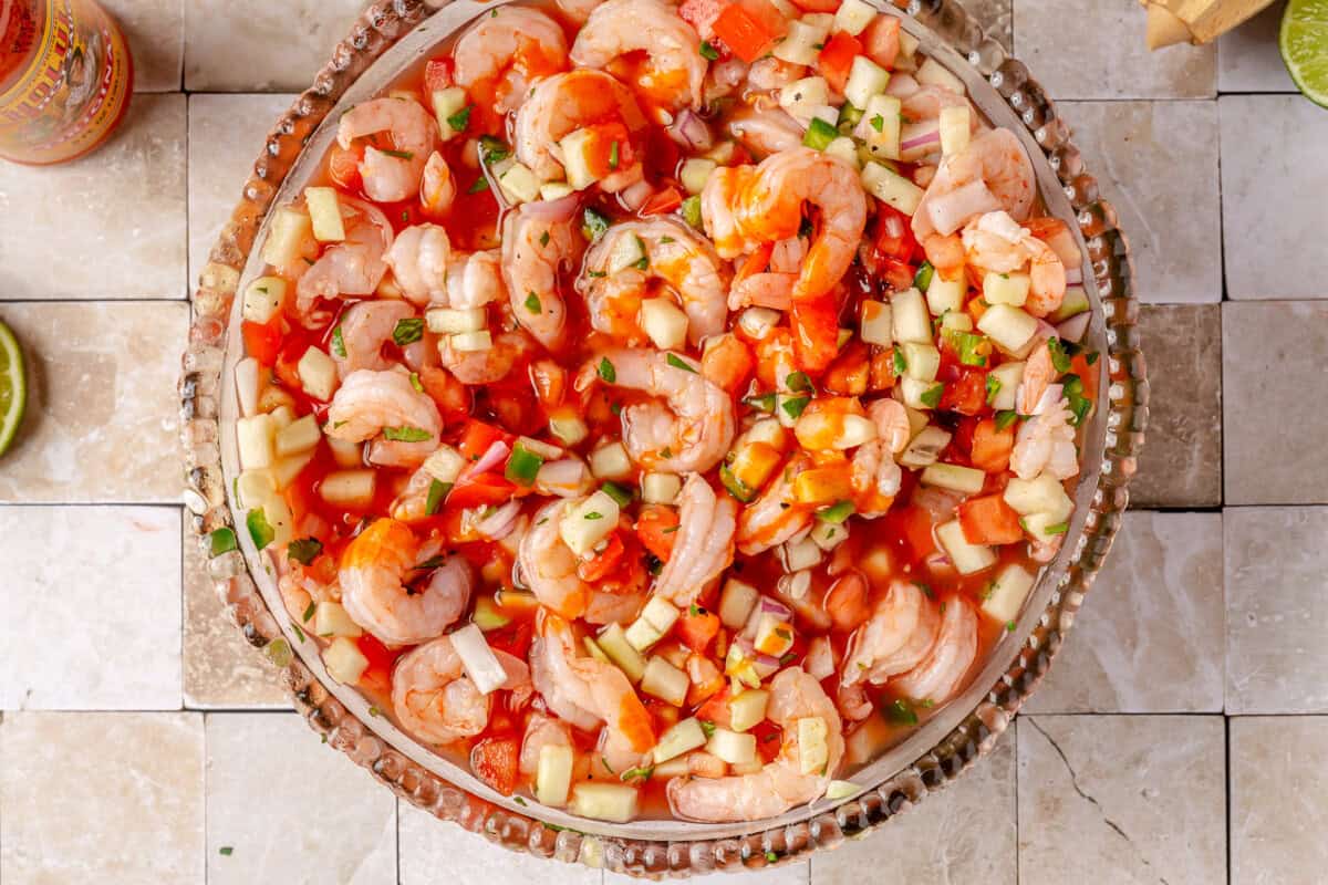 Mexican shrimp cocktail with hot sauce added. 
