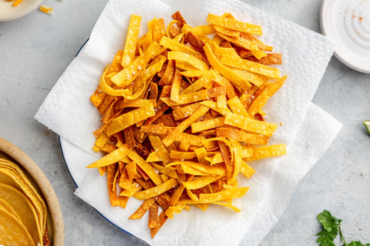 Crispy tortilla strips on a plate. 