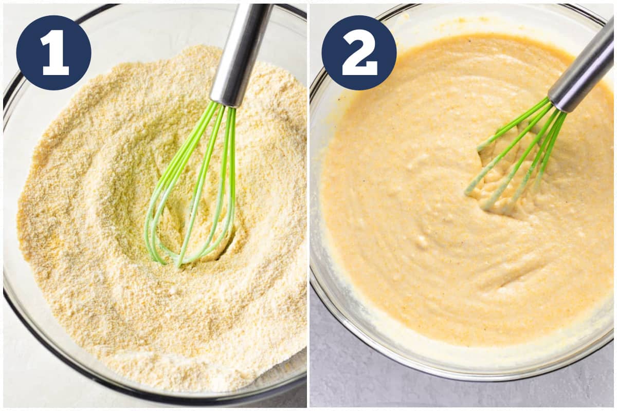 Collage showing how to make buttermilk cornbread by mixing dry ingredients then batter being whisked. 