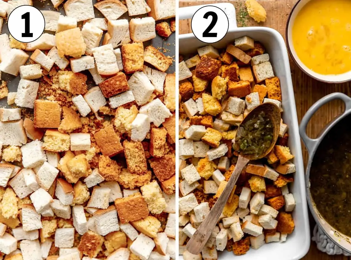 How to make cornbread dressing, showing cubed bread and cornbread being baked. Then in a baking dish with a seasoned butter sauce being poured on top. 