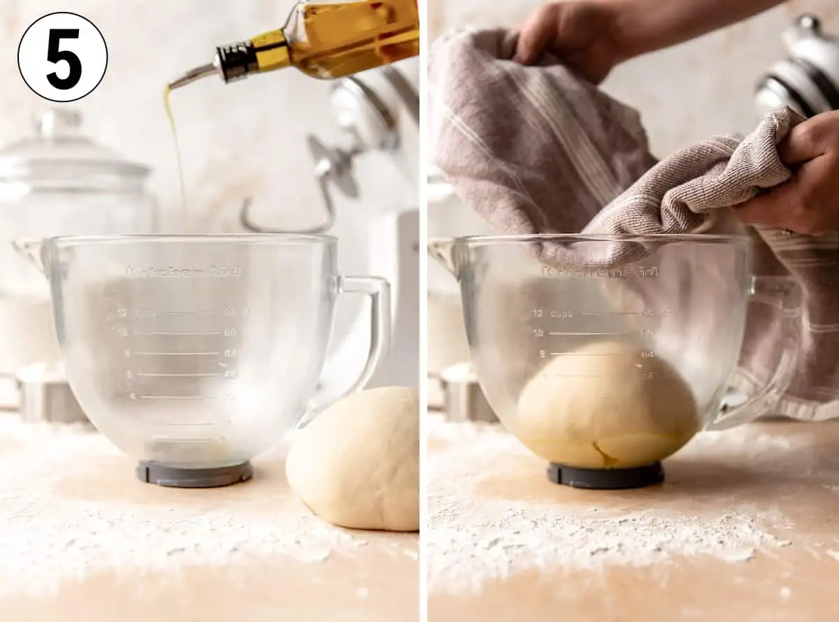 Coating a bowl with oil to let the dough rise.